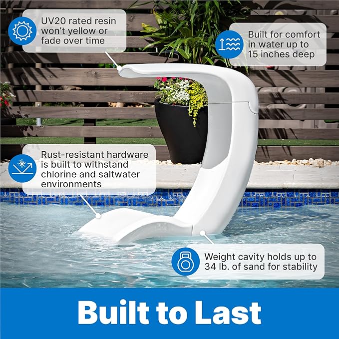 Step2 Mondello Chair with Shade, Outdoor/Indoor Waterproof Patio Furniture, Pool Lounger, Use in Pools Up to 9-Inches of Water or Poolside Ledge, Durable & Weighted, White