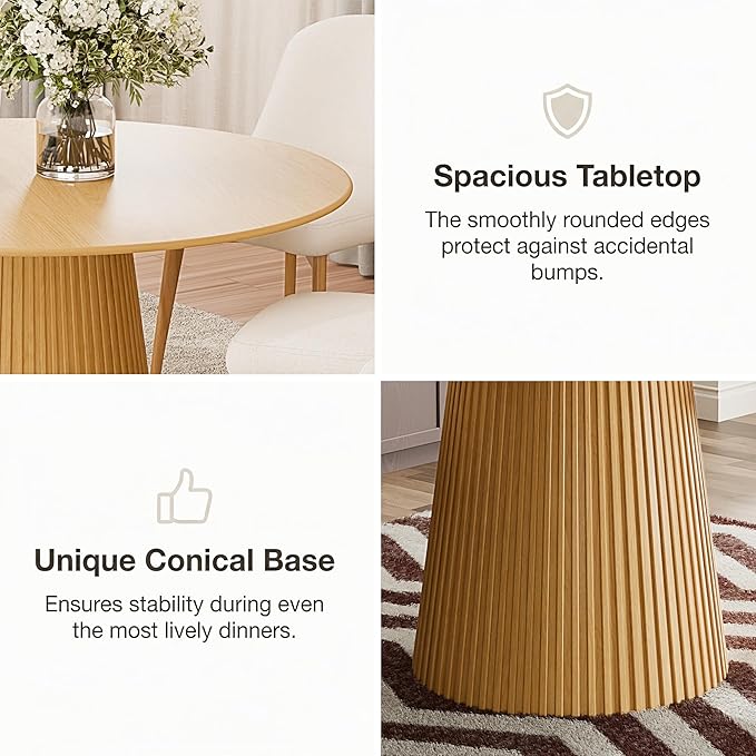 Casaphoria 52" Round Dining Table, Modern Wood Kitchen Table with Cone Grating Bar Base for Living Room & Dining Room, Easy Assembly Farmhouse Furniture for 4-6, Oak