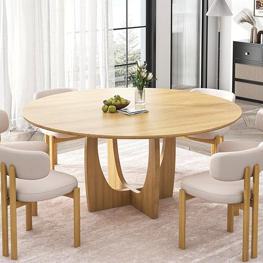Casaphoria 59" Round Dining Table for 8 with Scratch-Resistant Top & Cross Arched Legs – Modern Farmhouse Kitchen Table for Dining Room, Living Room, Bar, Easy Assembly, Oak