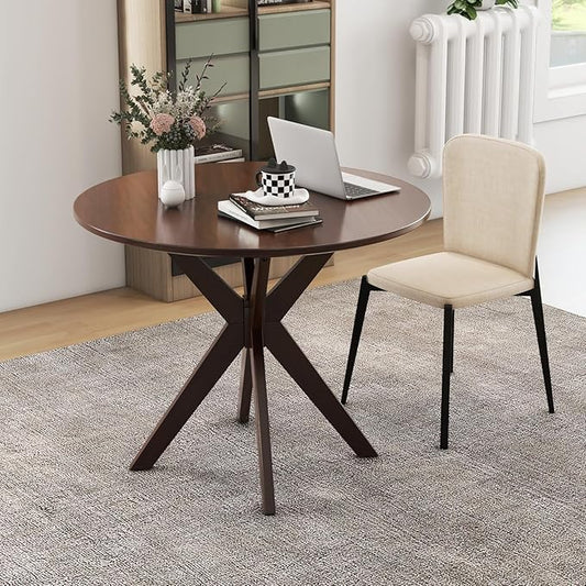 Moccha 36" Round Dining Table for 4 - Rubber Wood Kitchen Table with Intersecting Trestle Legs, Vintage Bar Table, Farmhouse Dining Room Tables for Dinette, Small Space, Restaurant, Bistro (Walnut)
