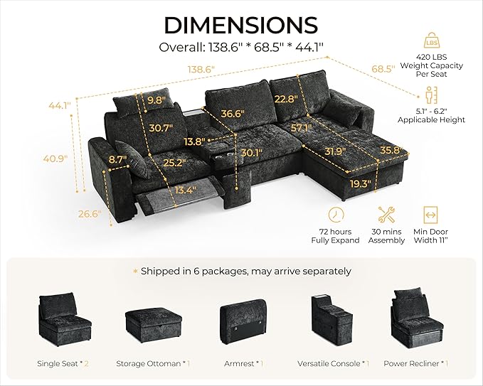 138.6'' Oversized Power Recliner Sofa with Headrest, Modular Cloud Sectional Couch with Convertible Table, Charging, Drawer, Cup Holder, 4-Seater with Storage Ottoman, Chenille, Black