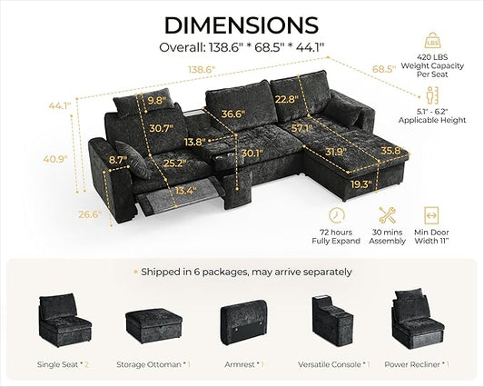 138.6'' Oversized Power Recliner Sofa with Headrest, Modular Cloud Sectional Couch with Convertible Table, Charging, Drawer, Cup Holder, 4-Seater with Storage Ottoman, Chenille, Black