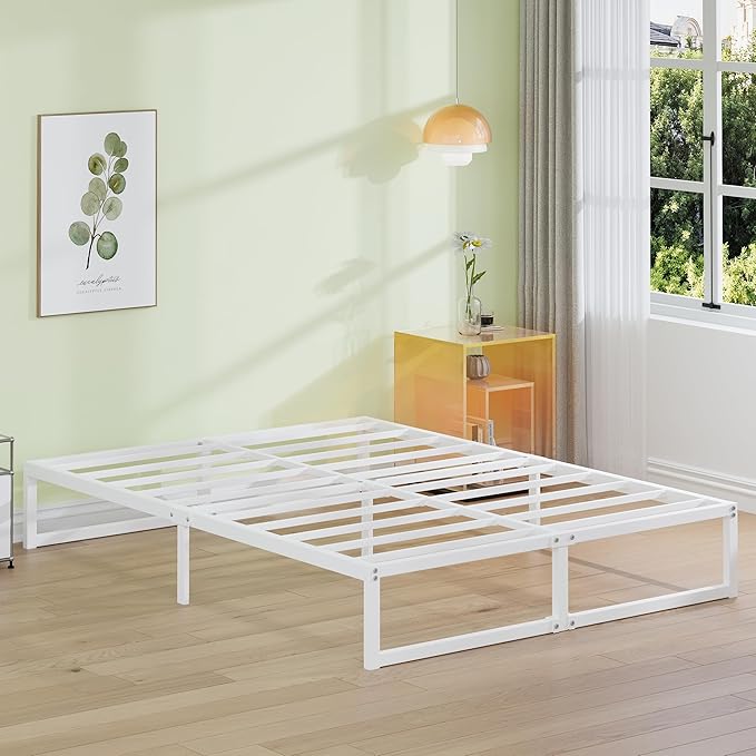EMODA 12 Inch Full Size Bed Frame, Metal Platform Bed Frame Full No Box Spring Needed, Heavy Duty Steel Slats Support, Easy Assembly, Noise Free, White