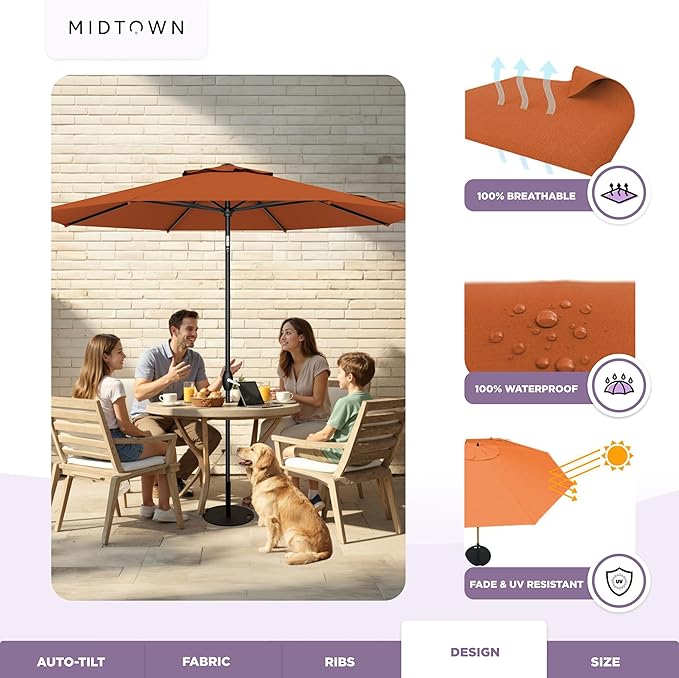 Midtown Umbrellas - 10-Year-No-Fade 6 Ft Patio Umbrella with Terylast Fabric, Auto-Tilt Aluminum Frame and 8 Reinforced Ribs for Deck, Pool, Garden & Beach - Terracotta Orange Canopy, Black Pole