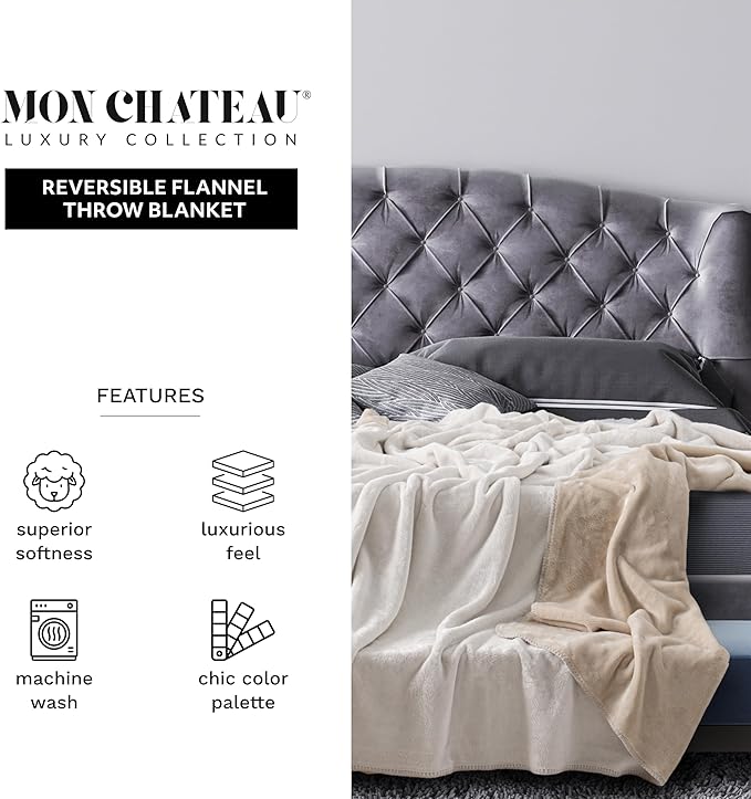 Mon Chateau 98" x 92" Haven Reversible Flannel Throw Blanket for Couch, Sofa, or Queen Size Bed, Luxury Over-Sized Ultra Soft Plush Blanket for Sleeping or Home Decor, Oatstone