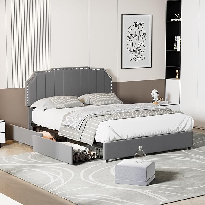 VECELO Full Bed Frame 4 Storage Drawers & Upholstered Platform &Tufted Adjustable Headboard/Mattress Foundation/Wood Slat Support,Easy Assembly,Dark Grey