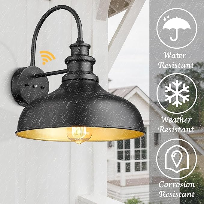 Bestshared Dusk to Dawn Outdoor Barn Light Anti-Rust Outdoor Wall Sconce Farmhouse Exterior Lighting Fixture Wall Lantern Lamp for Porch,Garage(Black+Gold, 2 Pack)