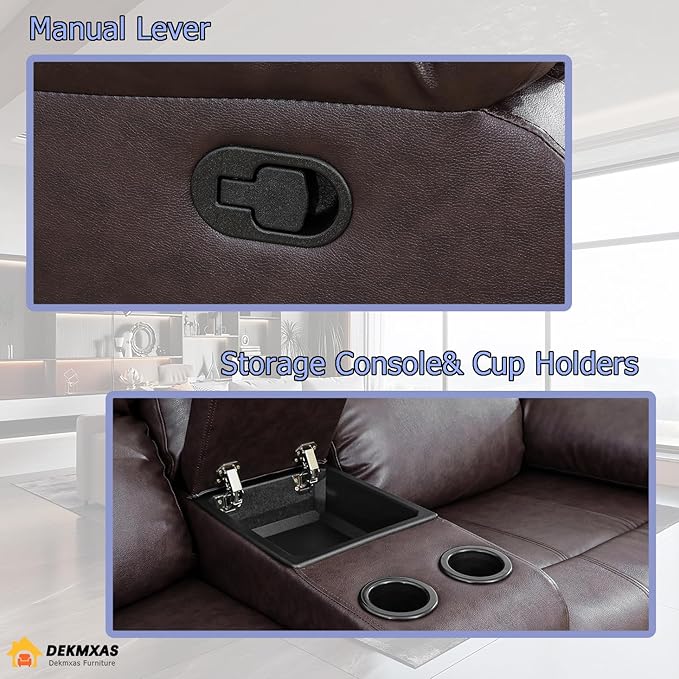 Manual Reclining Couch Bonded Leather Recliner Loveseat Couch 2 Seater Reclining Sofa Living Room Couch with Cup Holders/Storage Console/Lumbar Support for Home/Office/Rv Car (Brown, Loveseat)