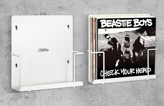 Vinyl Display Holder 2pk - Matte White Record Shelf - Wall Mount - Fits 30 LP's - Minimalist Steel Shelves - Organizer Stand - Frame Album Art