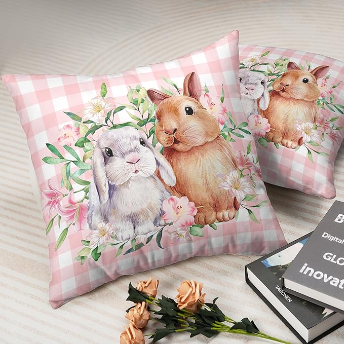 Spring Easter Pillow Covers 16x16 Pack of 2 Lovely Rabbit with Lily Flower Throw Pillow Covers Pink Plaid Bunny Pillow Case for Spring Easter Decoration Sofa Patio Garden