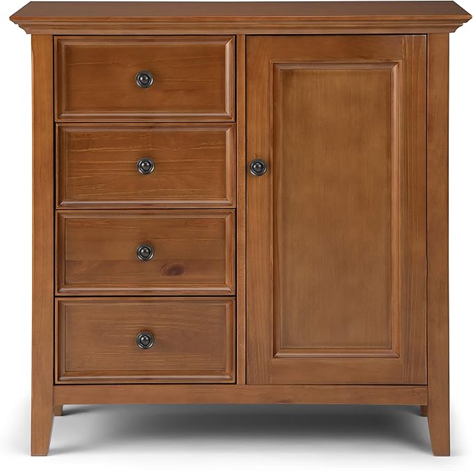 SIMPLIHOME Amherst SOLID WOOD 37 Inch Wide Transitional Medium Storage Cabinet in Light Golden Brown, with 4 Functional Drawers, 1 Door, 2 Adjustable Shelves