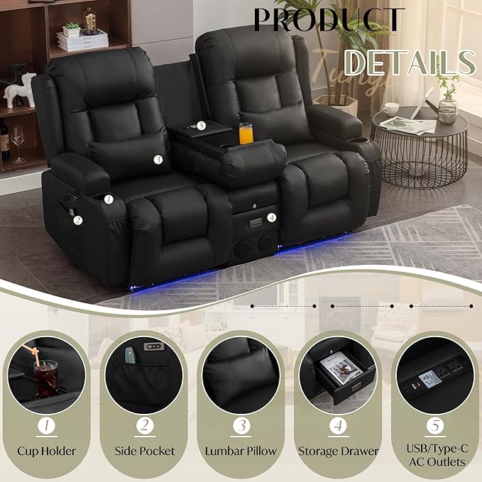 TUNYI Power Loveseat Recliner Sofa, Faux Leather Reclining Sofa with Console RV Reclining Loveseat Couch with USB/Outlet/Storage/Side Pocket/LED Light/Speaker (Black, Loveseat)