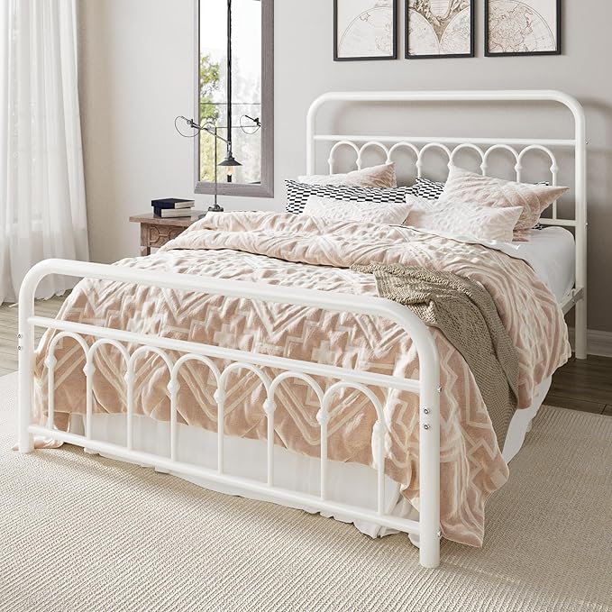 Allewie 14 Inches Full Size Metal Platform Bed Frame with Victorian Style Curved Iron-Art Headboard/Footboard, Metal Slats Support, Easy Assembly, Under Bed Storage, No Box Spring Required, White