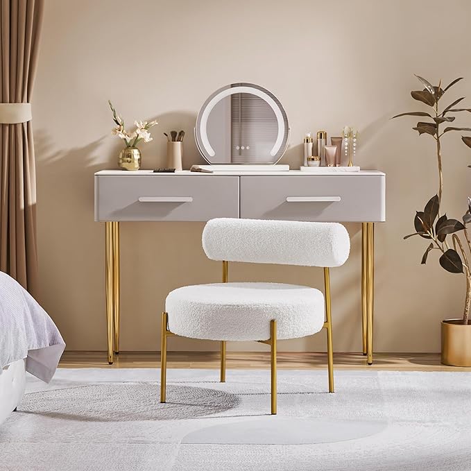 Yaheetech Boucle Accent Chair, Modern Tufted Vanity Chair, Cozy Sherpa Barrel Chair with Gold Legs, Club Chair for Living Room Bedroom Vanity Room Home Office, White
