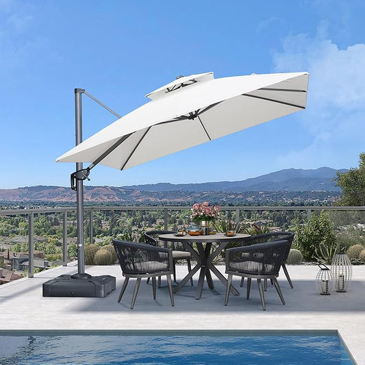PURPLE LEAF Sunbrella Cantilever Umbrella 10FT Heavy Duty Outdoor Large Double Top Offset Hanging 360° Rotation Square Patio Umbrella for Garden Deck Pool Backyard Canvas Natural