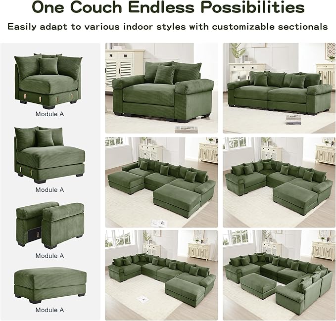 KEIKI 54" Oversized Corduroy Modular Sectional Single Sofa with High-Density Foam Cushions, Extra-Thick Armrests, Upholstered Modern 1-Seater Lounge Accent Chair with 3 Pillow, for Living Room, Green