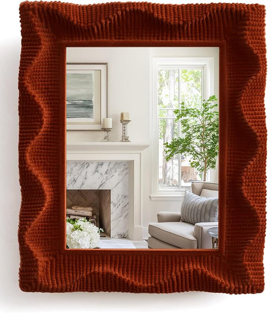 Unique Wall Mirror with Cozy Velvet-Like Touch for Bedroom Decor, 14x12 Funky Decorative Mirrors for Vintage Mid-Century Victorian Home Living Room Office Guest Room (Maroon)