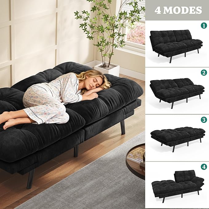YITAHOME Futon Sofa Bed with 3-Position Adjustable Backrest & Armrests, Upholstered Loveseat Couch Bed, Expandable Foldable Design for Living Room, Bedroom, Small Apartments, Black