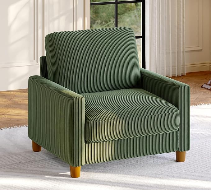 Welzona 35.3" Couches for Living Room, Comfy Green Couch Single with 22.5" Deeper Seat, Accent Chair Tool-Free Setup, Reading Chair 440lbs Support, Corduroy Couch for Bedroom, Apartment, Office