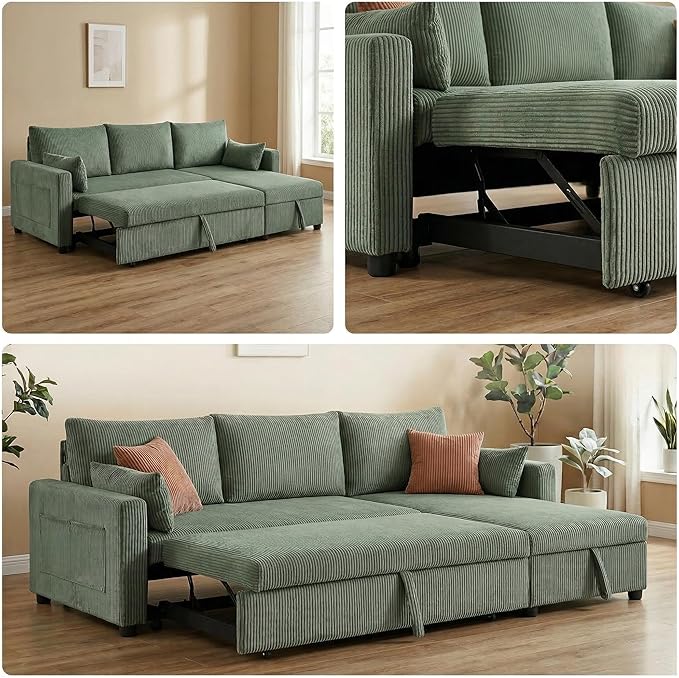 Sectional Sleeper Sofa with Pull Out Bed, LShape Convertible Sofa Bed Couch with Storage Chaise, 3 in 1 Pull Out Sofa Bed with 3 Seats, for Living Room,Apartment, Green, 85Inch