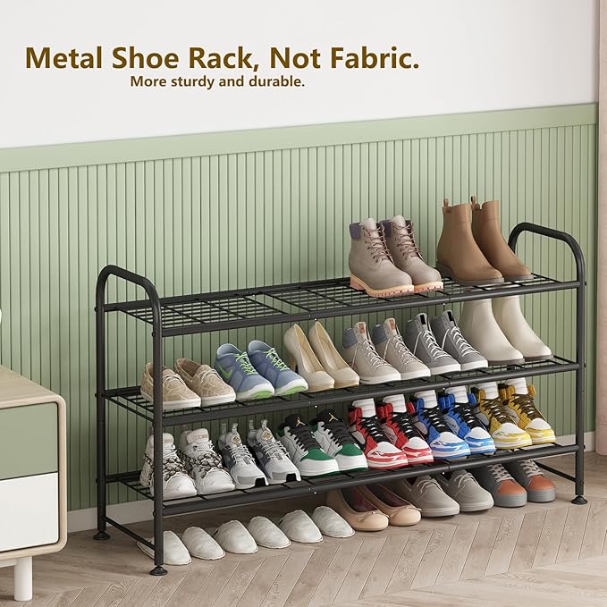 LINZINAR Shoe Rack 3 Tier Long Metal Shoe Organizer for Closet Entryway Black