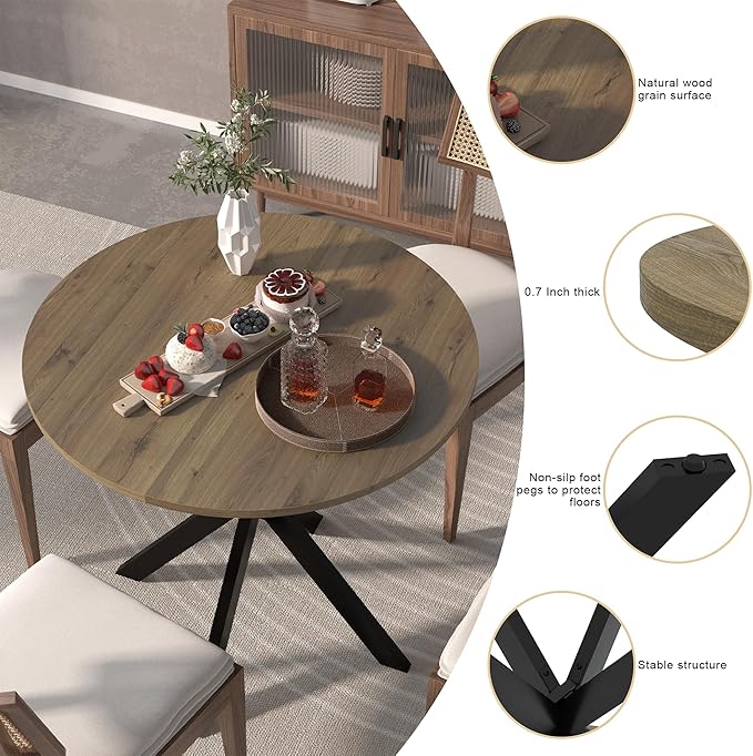 31.5" Round Dining Table for 2-4 People, Small Circle Kitchen Table with Black Metal Legs, Space-Saving Table for Apartments, Small Spaces (Rustic Brown)
