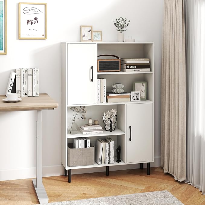 Giantex 47-Inches Storage Cabinet with Doors, Open Shelves, Anti-Tipping Device, 4-Tier Bookcase for Books & Photos, Tall Cupboard, Floor Cabinet for Living Room, Kitchen Buffet Sideboard