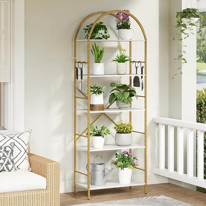 5 Tier Bookshelf Gold, 66.14 Inches Tall Arched Bookcase, Wide Storage Bookshelves with 4 Hooks, Stand Display Shelf for Living Room, Home Office, White and Gold
