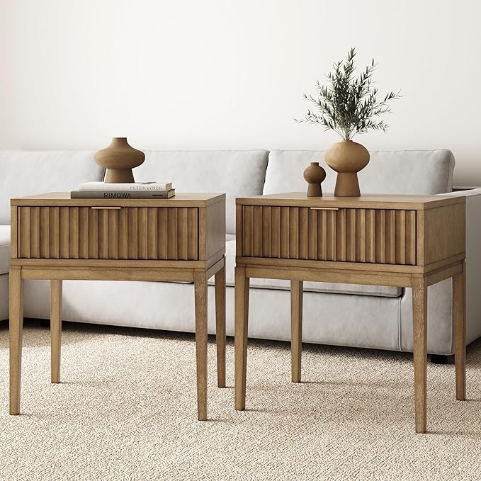 Nathan James Boho Jasper Wood Nightstand with Drawer, Fluted Side Table or End Table with Storage, Light Brown, Set of 2