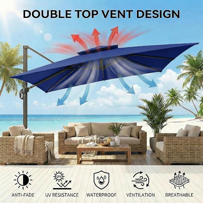 Hoteel 10ft Patio Umbrella Heavy Duty Aluminum Windproof & Shade Provision Outdoor Cantilever Double Top Offset Large Umbrella with 360°Rotation for Patio Pool Deck Gazebo, Dark Blue