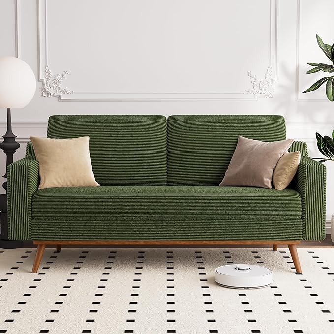 Vipbear 65.4" Loveseat Sofa Green Corduroy Couch, Mid-Century Modern Small Couches for Living Room, Bedroom, Office, Comfy Sofa with Spring Cushion, Solid Wood Frame, Tool-Free Assembly