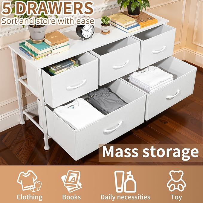 SHAWKEN Dresser for Bedroom with 5 Drawers,Fabric Dresser with One-Piece Steel Frame,Budget-Friendly Organizer for Closet, Hallway, Studio Apartment (Leather White)