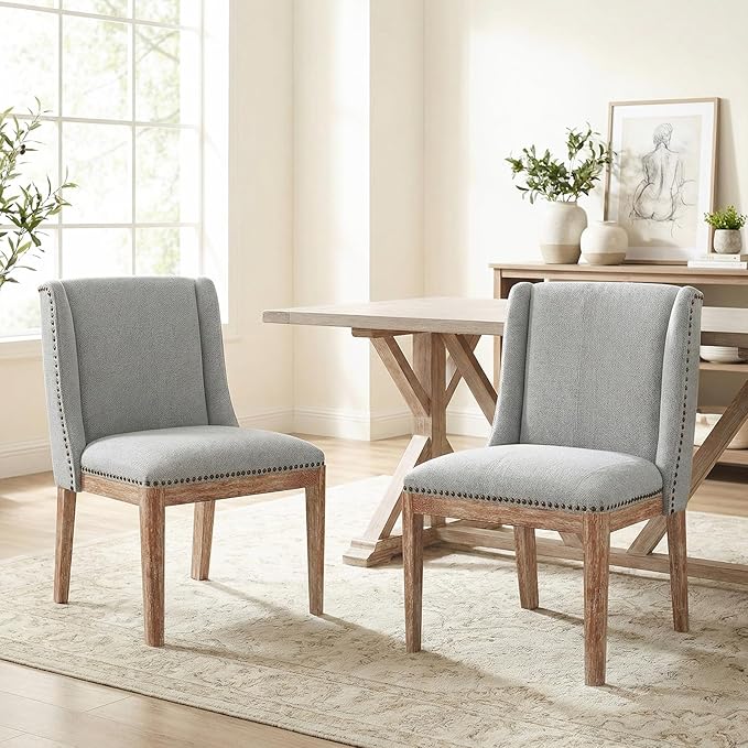Dining Chair Set of 2, Upholstered Fabric Kitchen Side Chairs with Solid Wood Legs, Comfortable Seating for Kitchen, Dining Room & Restaurant, Grey
