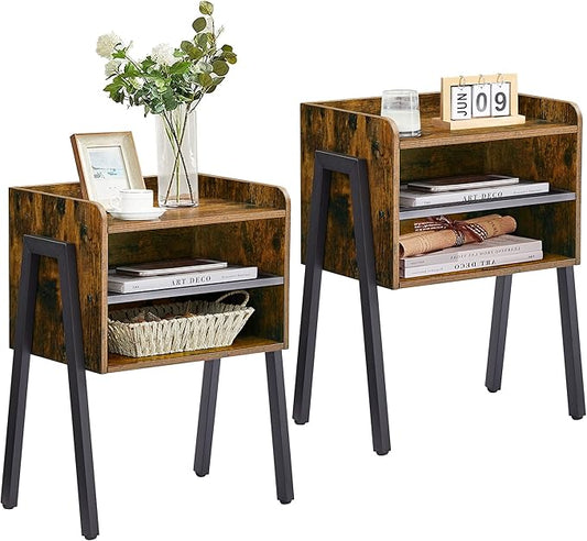 VECELO Nightstand Set of 2,Industrial Side End Table/Stackable Accent Furniture with 2-Tier Open Storage Compartments for Bedroom, Living Room and Small Spaces