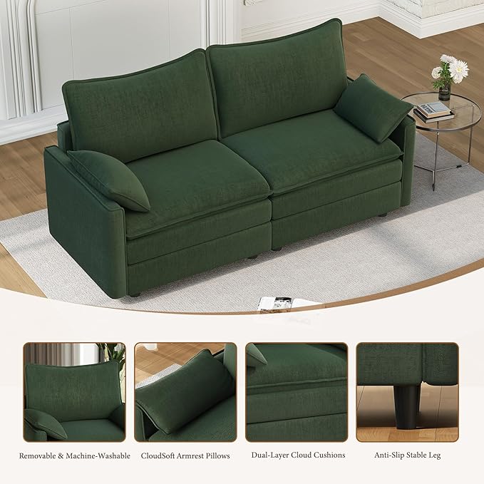 Vesgantti 74" Loveseat Sofa for Living Room, Comfy Cloud Couch Deep Seat Chenille Modern 2 Seater Small Sofa with Armrest Pillow, Easy Assembly for Small Spaces, Green | Sink-in Comfort, Height Adjustable, Easy Rearrangement, Extra-deep Ottoman, Solid ...