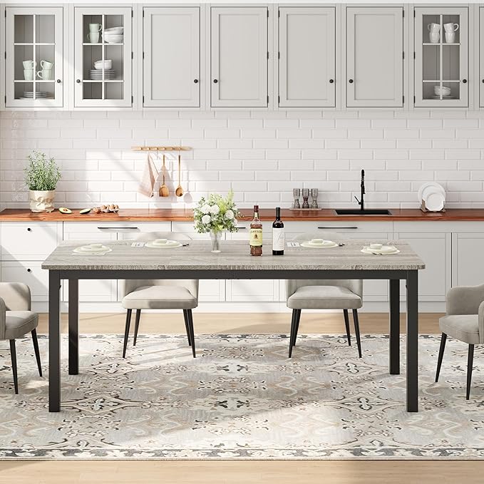 Garvee 70.9 in Dining Table for 6, Farmhouse Wooden Kitchen Tables for Family, Rectangular Industrial Style Dining Room Table with Sturdy Metal Frame, Long Desk for Restaurant, Kitchen, Office,Grey