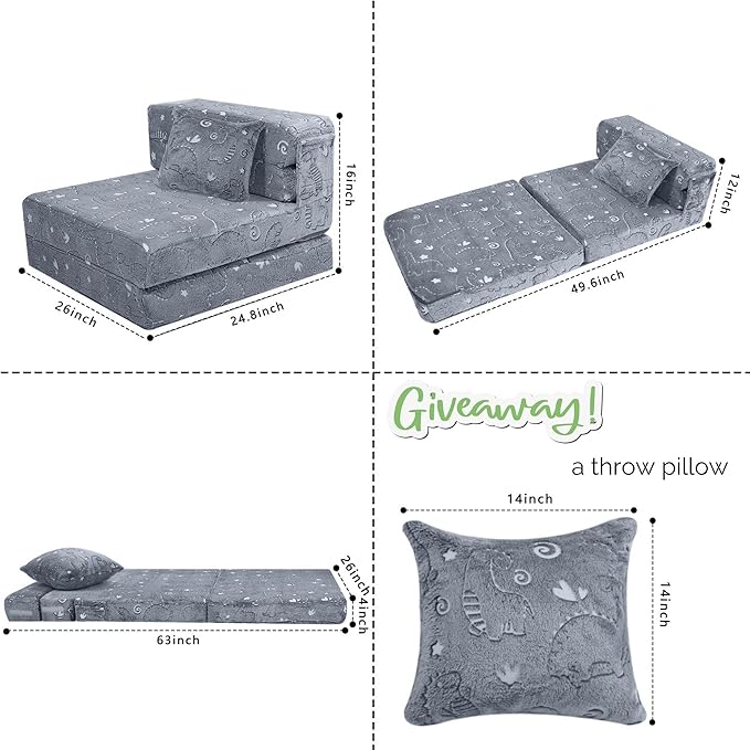 MeMoreCool Kids Floor Mattress Glow in The Dark, Convertible Sofa Couch, Folding Futon Chair Bed for Kids Playroom (Glowing Dinosaur)