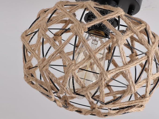 Coastal Woven Flush Mount Ceiling Light Fixture Small Boho Rustic Hemp Rope Cage Semi Flush Mount Ceiling Light for Kitchen Hallway Farmhouse Entryway Beach, Black