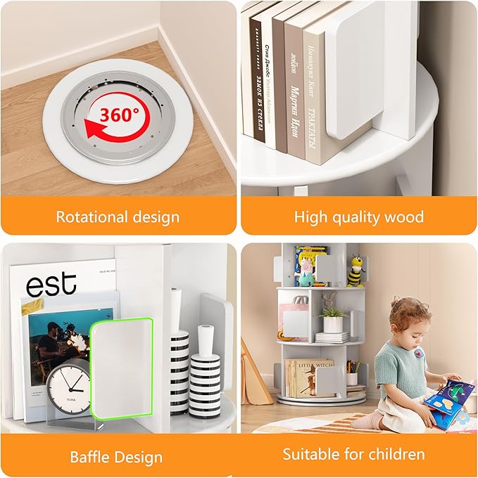 4-Tier Rotating Bookshelf Tower White, Wooden Spinning Bookshelves 360° Rotation Display, Revolving Bookcase Storage Round Carousel, Corner Free Standing Shelf for Kids Book and Toy Storage.