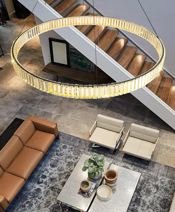 40'' Modern Ring Chandelier Crystal Chandeliers for Dining Room Round LED Dimmable Ceiling Light Fixture for Living Room Bedroom Lighting Black