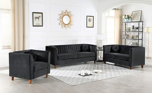Container Furniture Direct Arvilla 3 Piece Velvet Sofa Set with Bolster Pillows, Mid Century Modern Design, Chesterfield-Inspired Couch, Loveseat and Chair for Living Rooms, Midnight Black