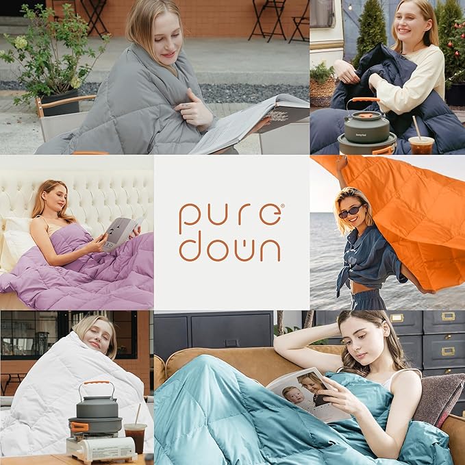 puredown® Soft Feather Down Throw Blanket Lightweight Packable Couch Throw for Indoor and Outdoor Use, Throw 50"X70", Burnt Orange, 12oz