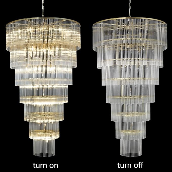 Extra Large Long Brass Chandelier for High Ceiling H68 Modern 7 Tiers Glass Staircase Chandelier Foyer Entryway Lighting Pendant Light Fixture for Grand Living Room Stairway Hall