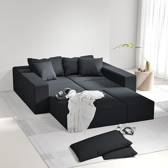 Oversized Boneless Modular Sectional Sofa Cloud Couch for Living Room - Convertible 6 Seater Chenille Couches Set with Ottoman, No Assembly Floor Compression Sofa with Memory Foam | Deep Seat, Wider Armrest, Free Combination
