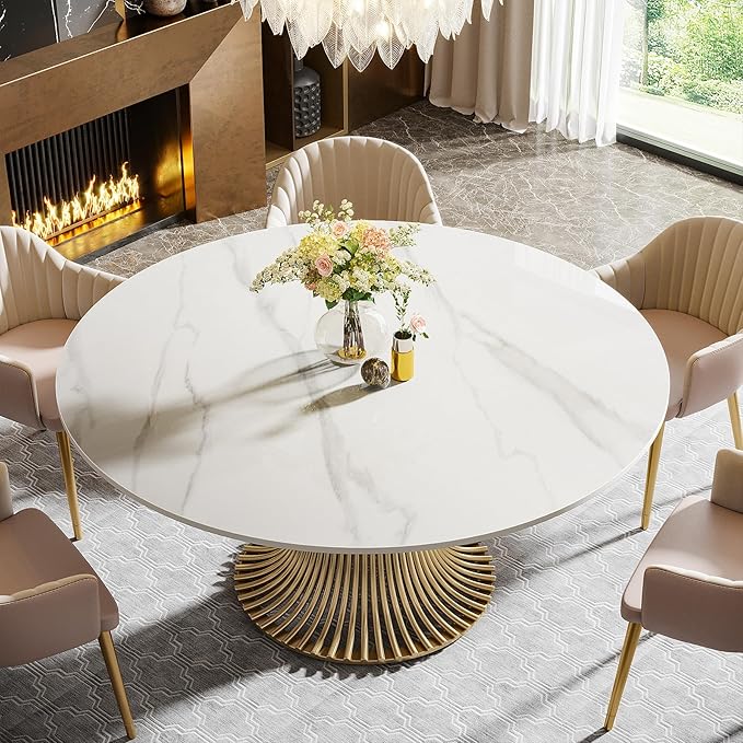 Tribesigns 59" Modern Sintered Stone Round Dining Table for 6-8, Luxury White Kitchen Table with Golden Stainless Steel Pedestal for Dining Room,Living Room (Only Table)
