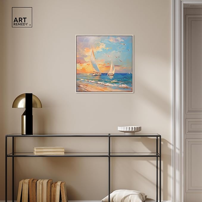 Art Remedy Sailboats In The Sunset Chic Coastal Canvas Wall Art, Silver Floater Frame, 20"x20"