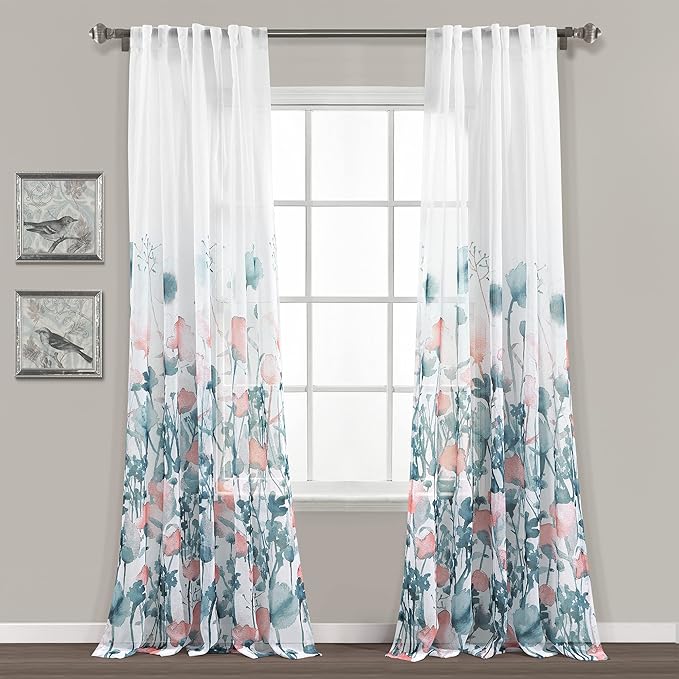 Lush Decor Zuri Flora Sheer Window Curtain Panels Pair 38" W x 84" L Blue & Coral - Sheer Curtains for Living Room - Floral Curtains for Bedroom