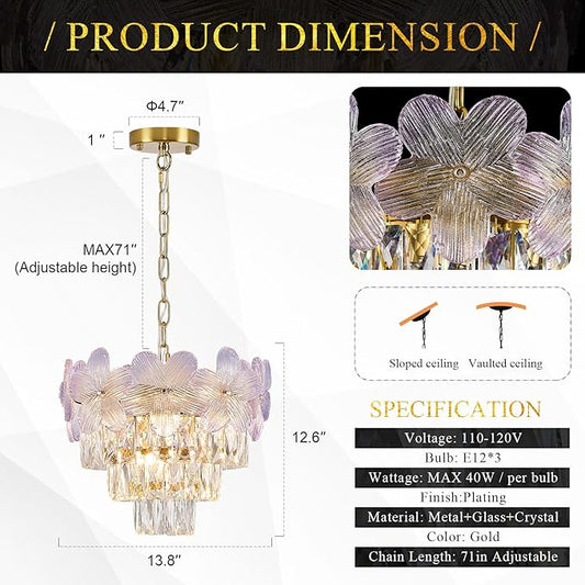Modern Purple Flower Elegant Chandeliers 3-Lights 14" K9 Crystal Luxury Gold Chandelier Lighting 4 Tiers Small Ceiling Pendant Light Fixture for Dining Room Kitchen Island Entryway Bedroom