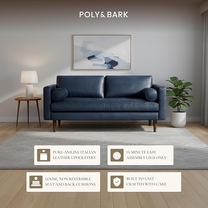 Poly & BARK Napa 72" Leather Sofa – Full-Grain Italian-Tanned Aniline Leather, Feather-Down Comfort, Solid Wood Frame, Walnut Legs, Midnight Blue