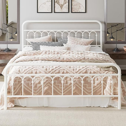 Allewie 14 Inches King Size Metal Platform Bed Frame with Victorian Style Curved Iron-Art Headboard/Footboard, Metal Slats Support, Easy Assembly, Under Bed Storage, No Box Spring Required, White